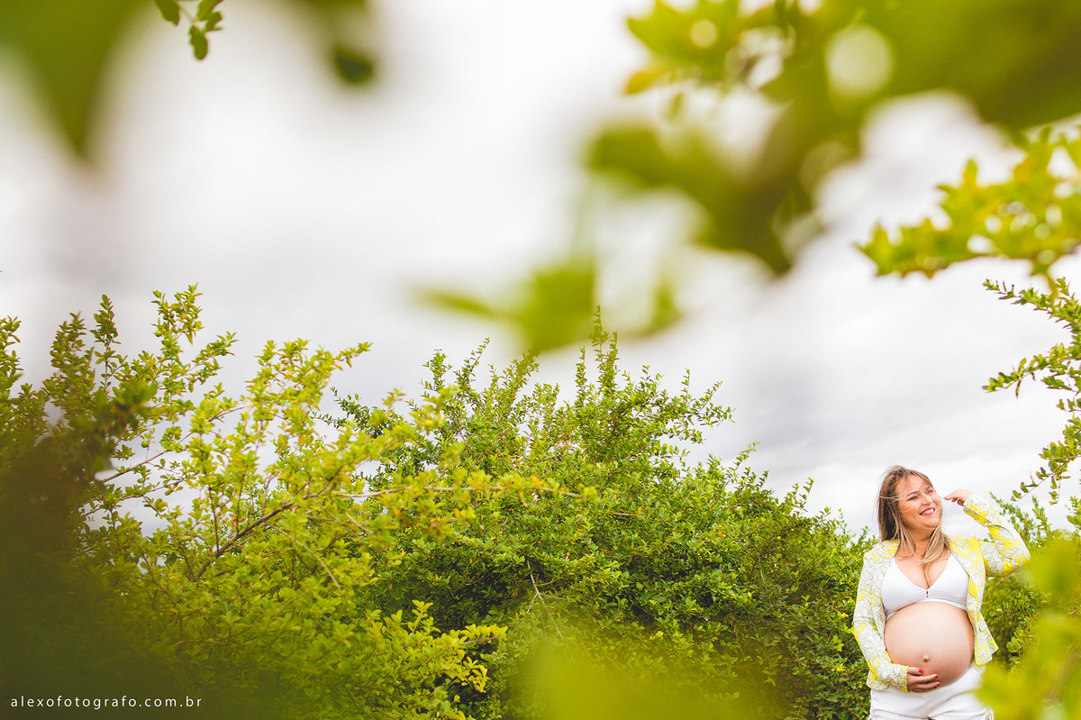 gestante no meio da plantação de acerolas na paisagem do campo lindo ensaio externo de grávida