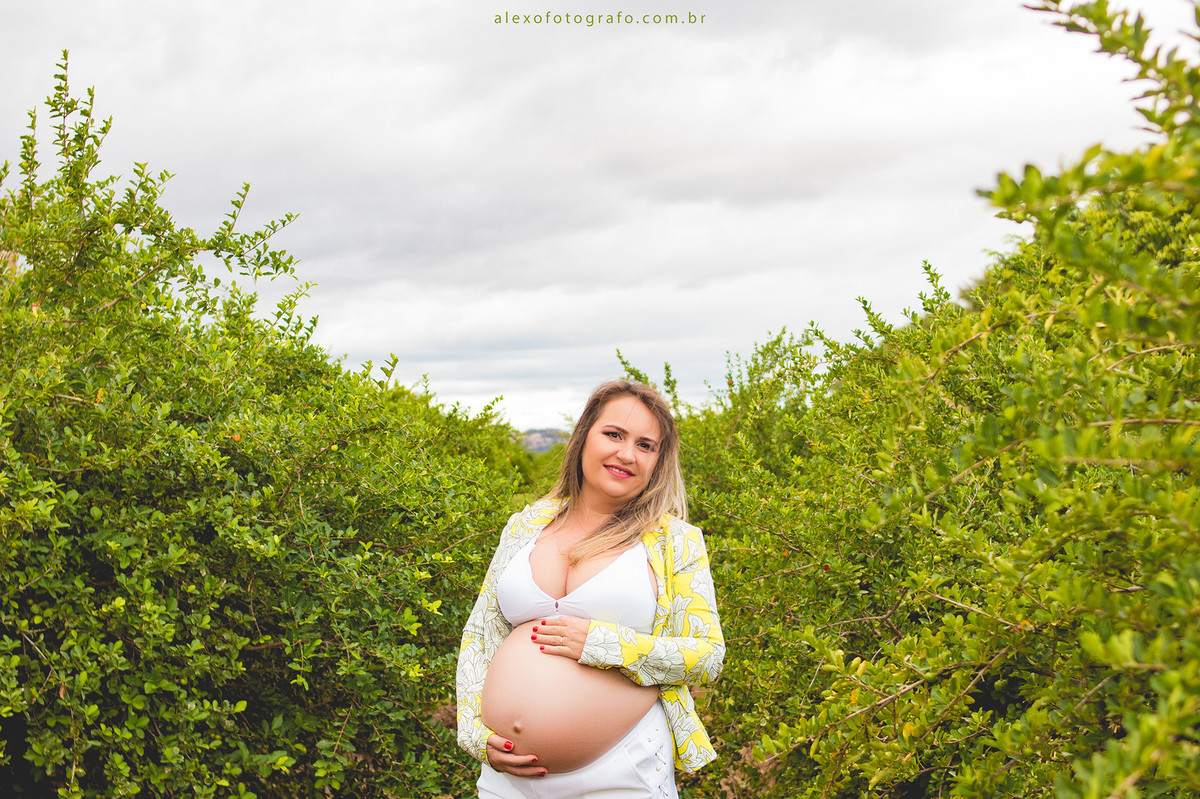 gestante no meio da plantação de acerolas na paisagem do campo lindo ensaio externo de grávida