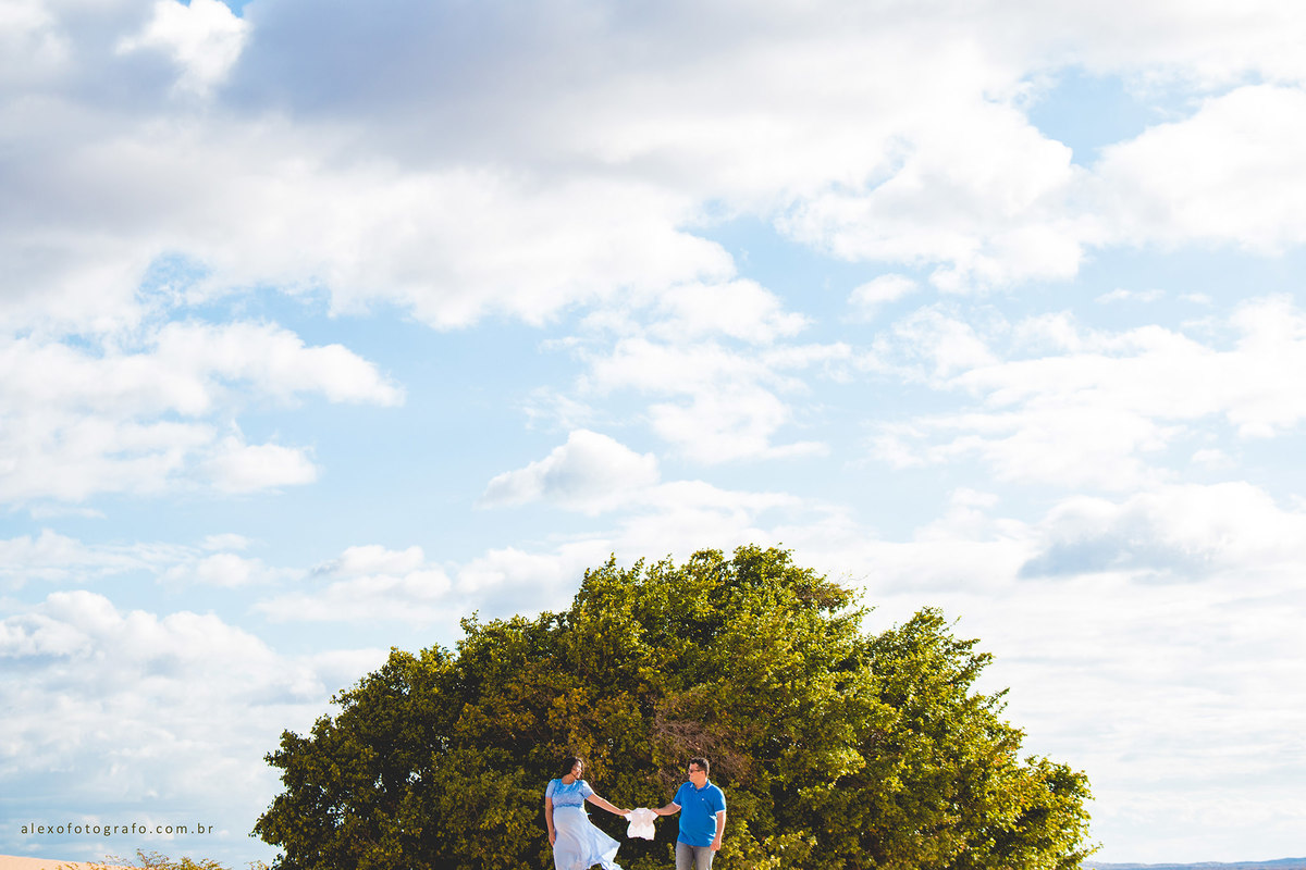 ensaio de gestante, casal segurando a roupinha do bebê pelas mangas como se estivessem os três de mãos dadas em frente a um grande arbusto e o céu lindo por trás