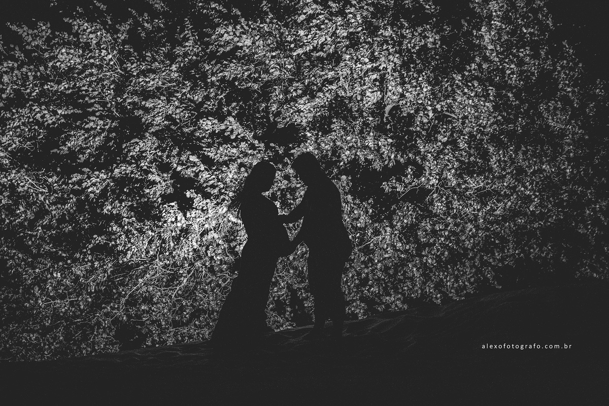 silhueta do casal segurando a barriga, foto preto e branco e com uma folhagem no fundo