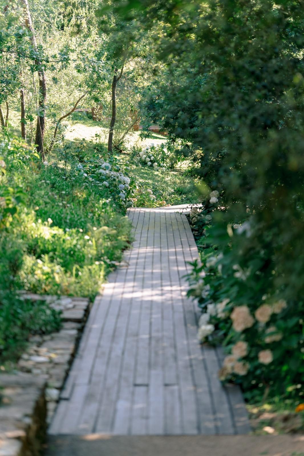 Caminho em madeira através do bosque e dos jardins