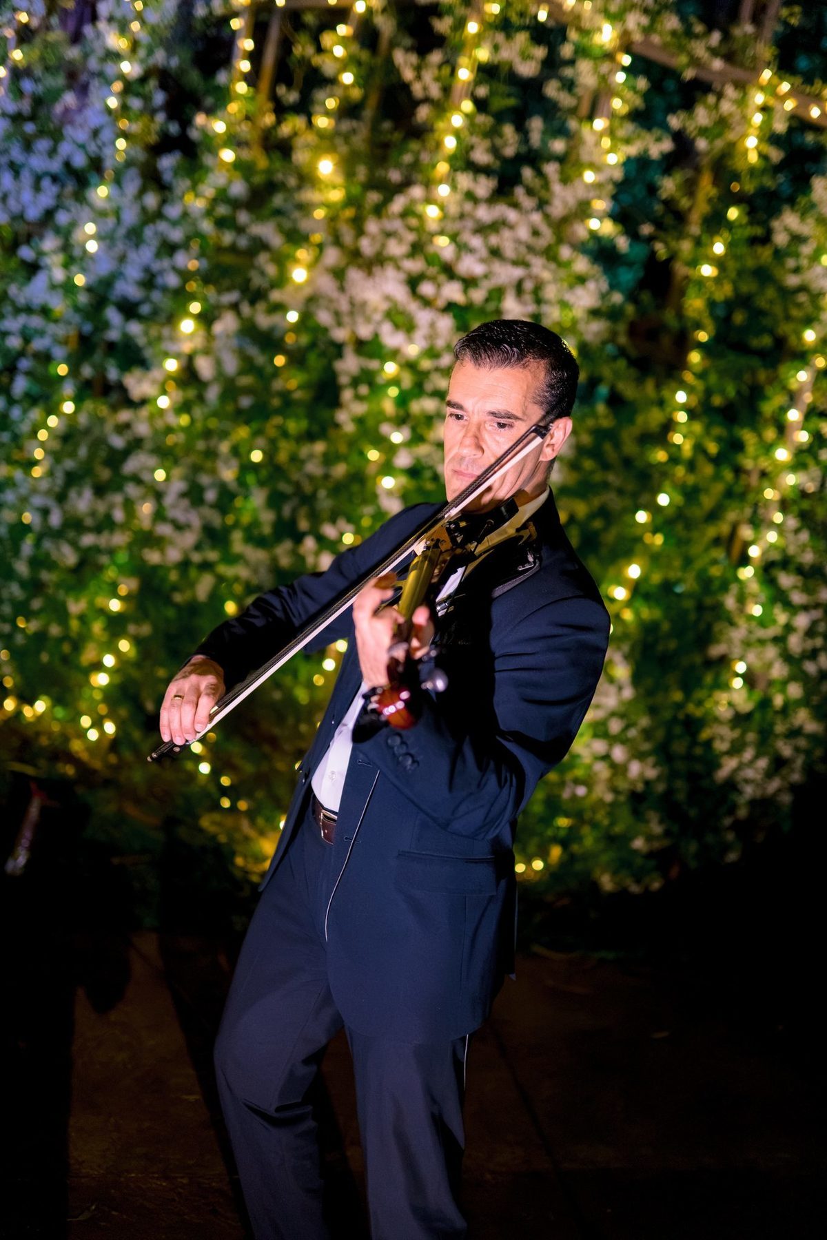 Violinista a atuar à noite em frente a uma cortina de luzes e vegetação