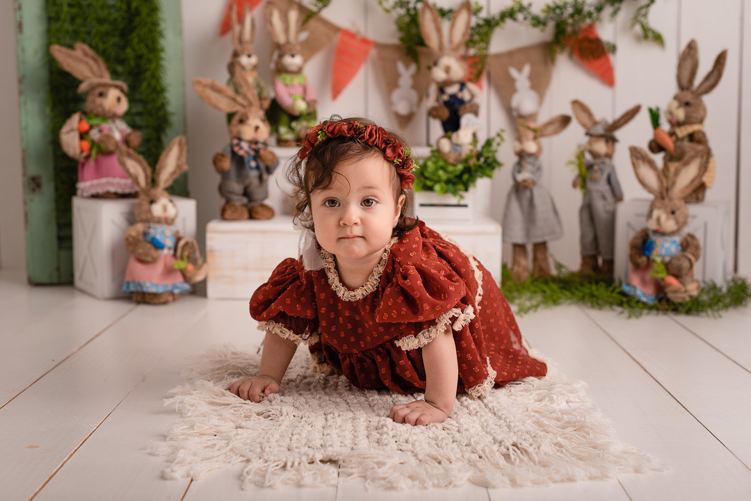 Fico na posição de engatinhar mas gosto mesmo de me arrastar de barriga no chão - Páscoa 2022 - Ensaio em estúdio - Clarice 9 meses - Ponta Grossa