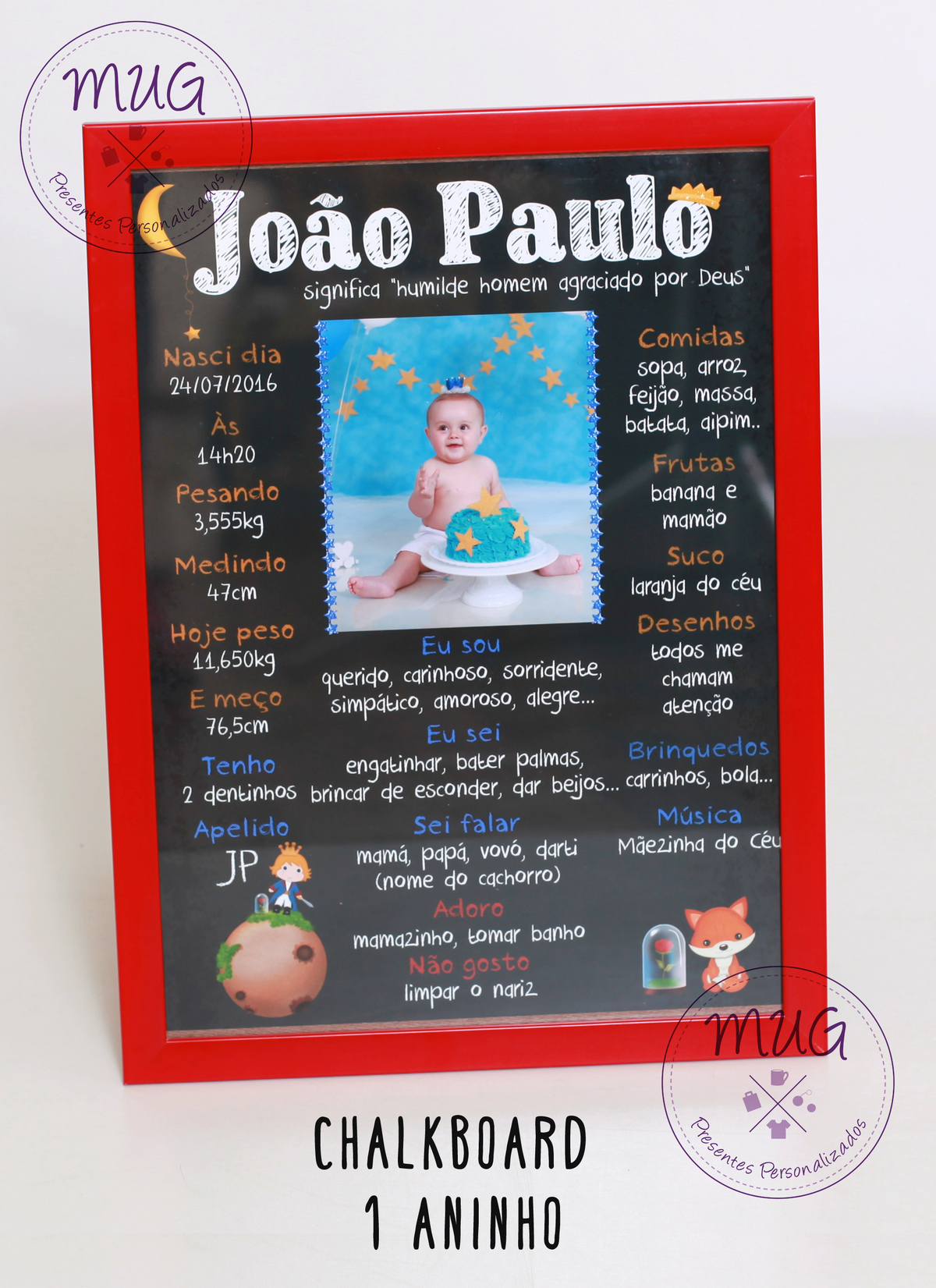 Chalkboard (quadro negro) de 1 aninho! Em parceria com a Mug! com todos os detalhes do Bebê! Lindo pra usar na Festa de 1 Aninho!