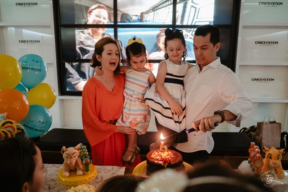Fotografia documental de aniversario infantil. Um dia no cinema. Aniversário no cinemark no shoping iguatemi em Florianopolis. 6 anos da Luisa. Familia Basso Guiyotoku.
