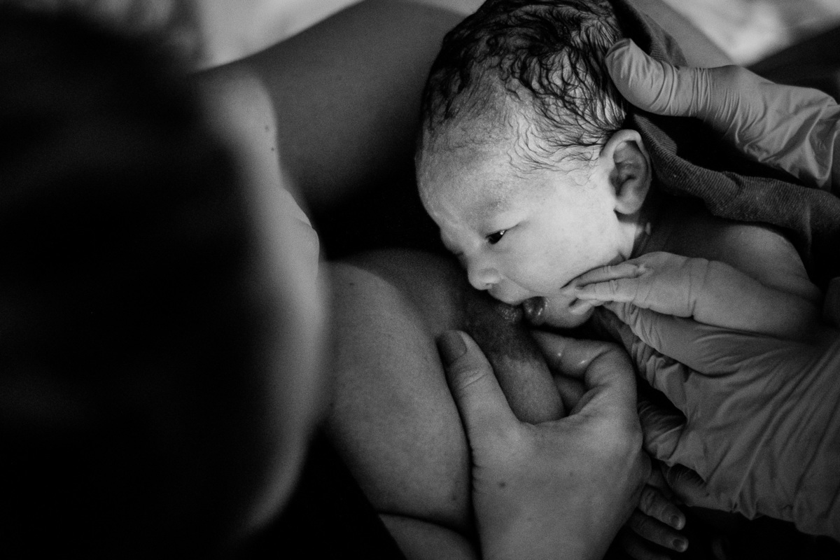 Amamentando logo que nasceu. Fotografia de parto normal na maternidade Sata Helena em Florianópolis por Thiago Braga.