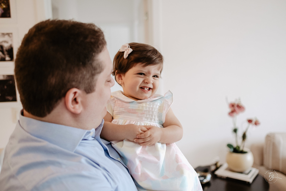 o dia do aniversário da Olívia, Festa no salão de festas do prédio, e fotos em casa.