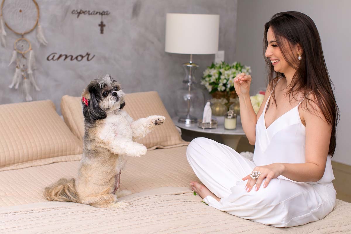 Carolina e seu Shitzu no ensaio pre casamento