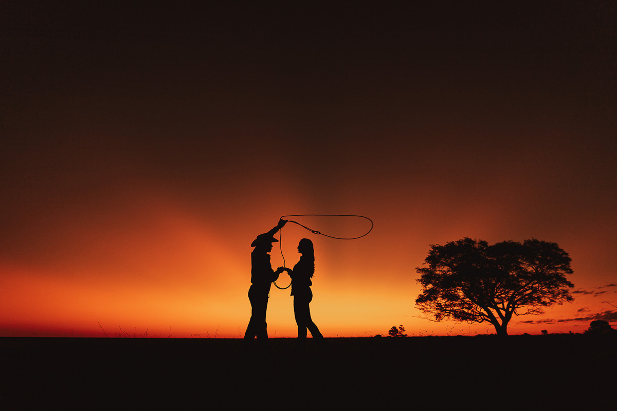 linda foto de silhueta no por do sol casal de veterinarios faz ensaio pre wedding em uma fazenda 