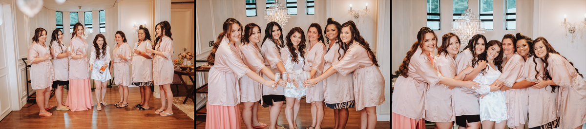 Noiva com madrinhas se arrumando para o casamento momento do brinde
