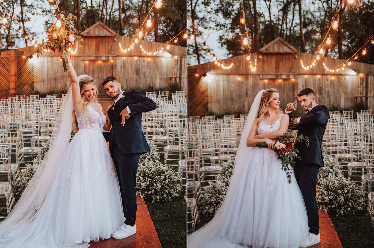Noivos fazendo pose para fotos de casamento decoração estilo boho ao ar livre 