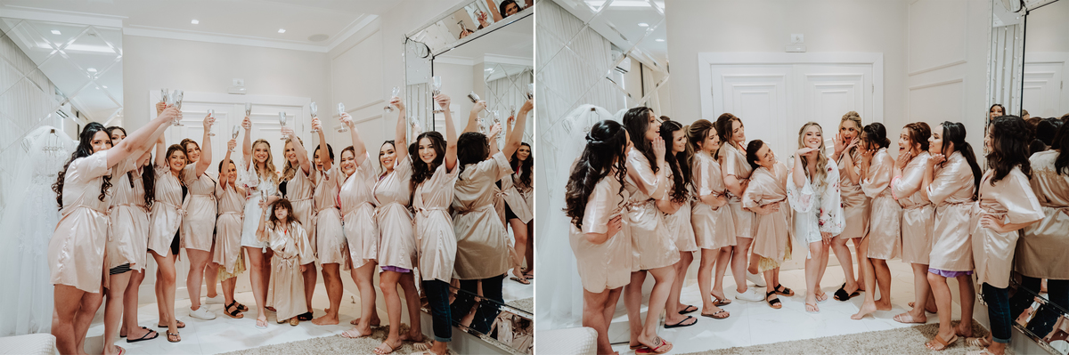 Madrinhas se arrumando com a noiva no dia do casamento