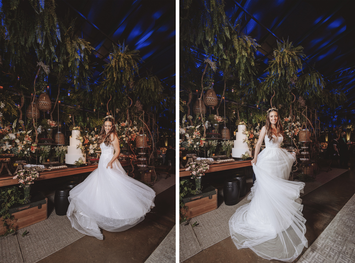 ideias fotos de noiva em decoração  boho chic com plantas vestido em movimento