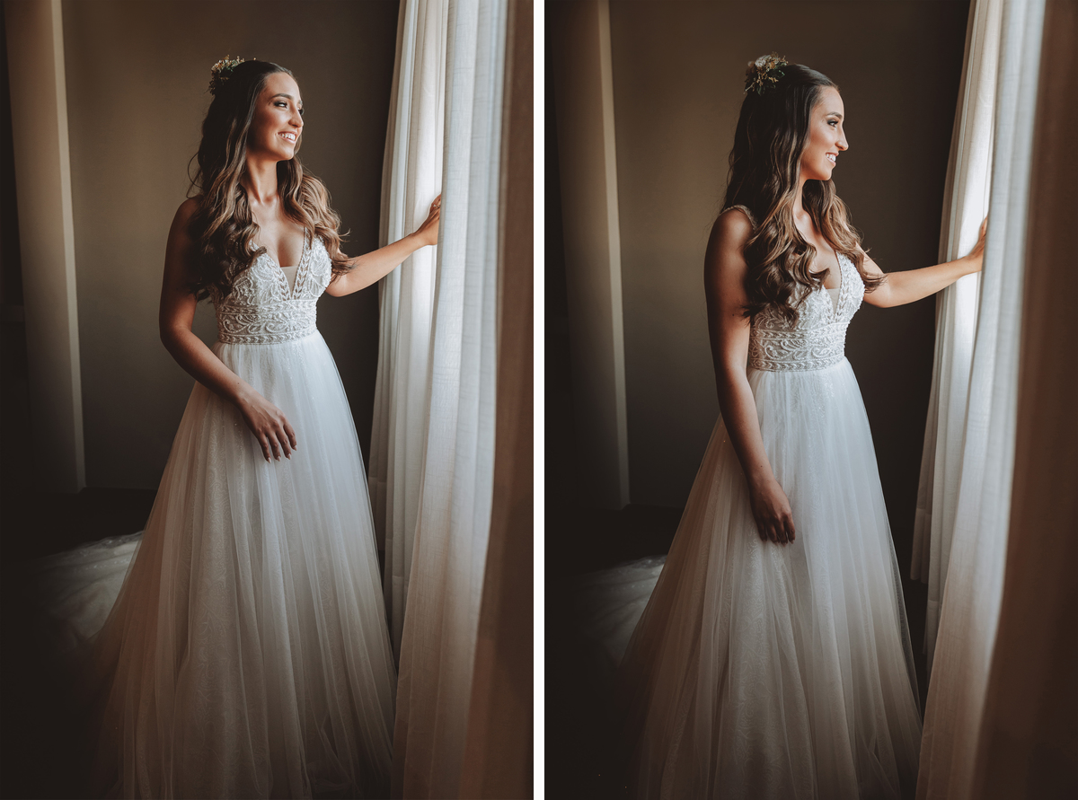 fotos de noiva vestido branco clássico na luz da janela 