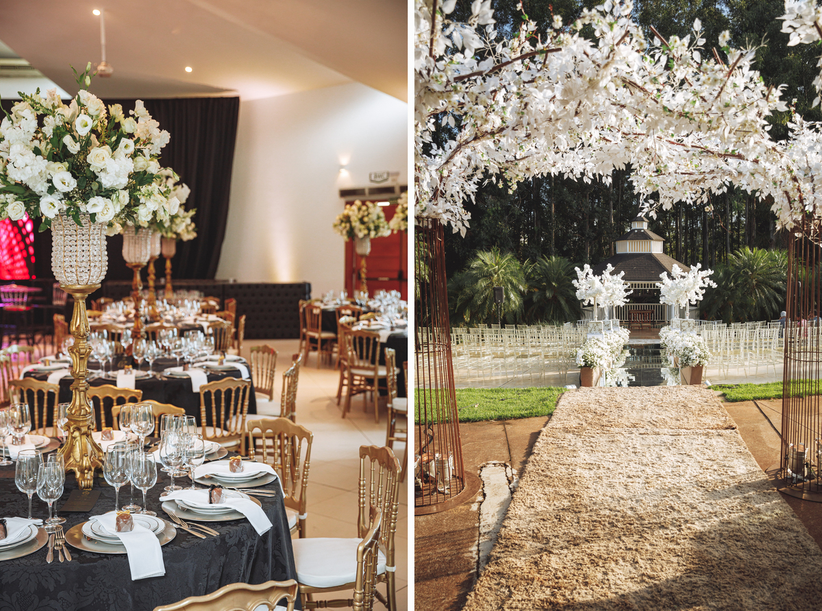 ideias fotos salão de casamento com decoração clássica em branco e dourado flores brancas 