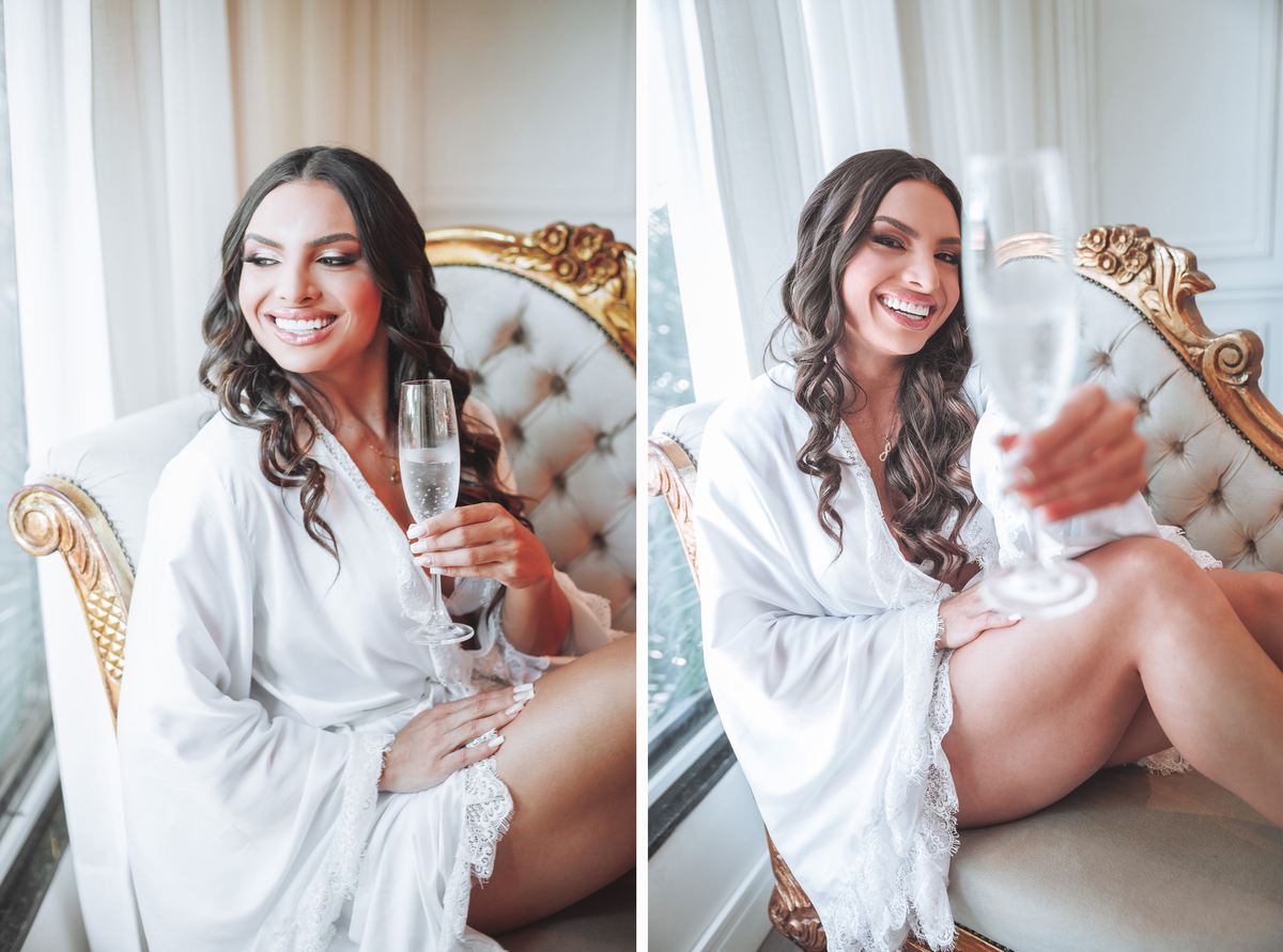 fotos de noiva com taça de champagne decoração branca 