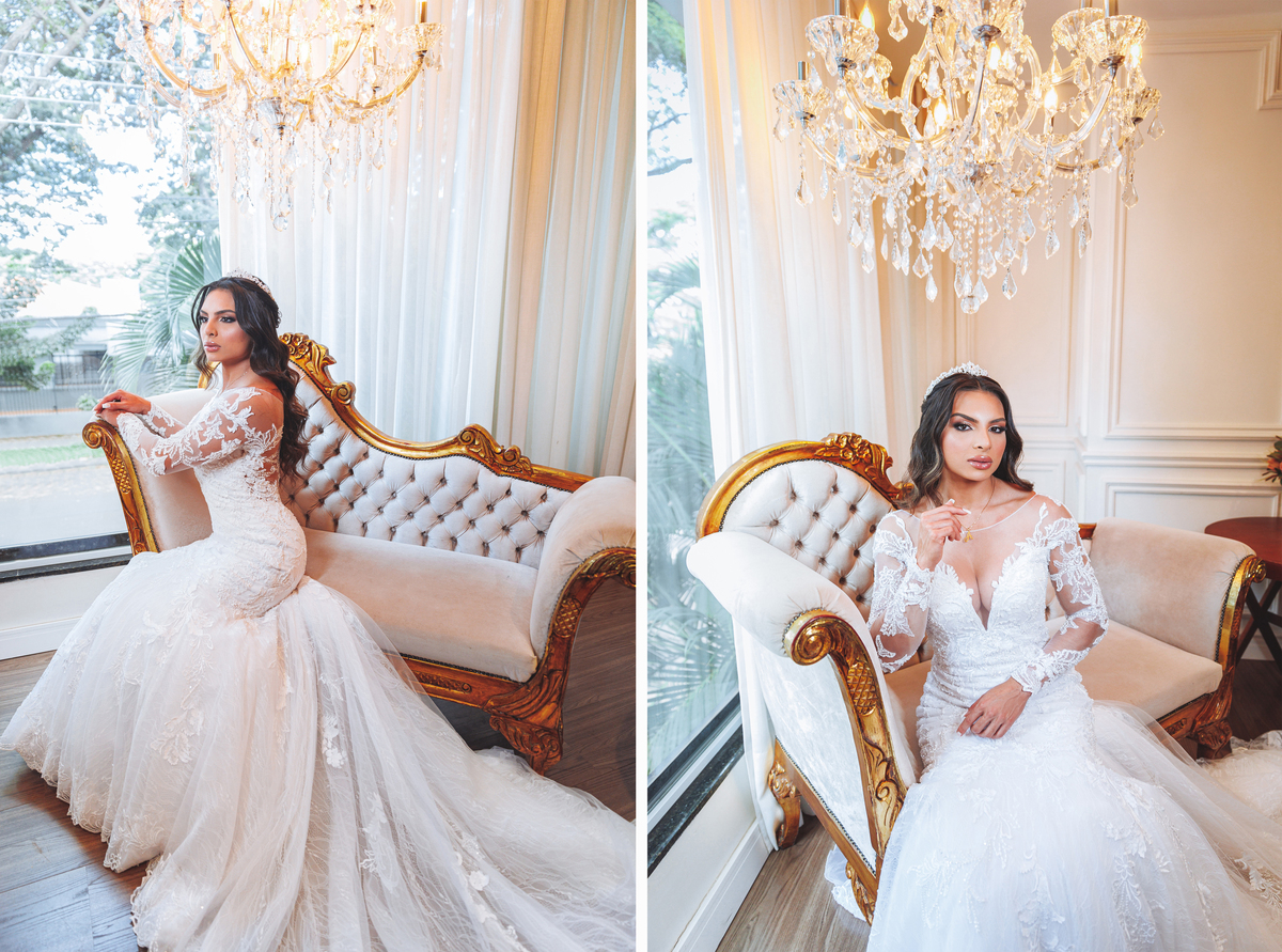 foto de noiva de vestido branco em decoração clássica branca 