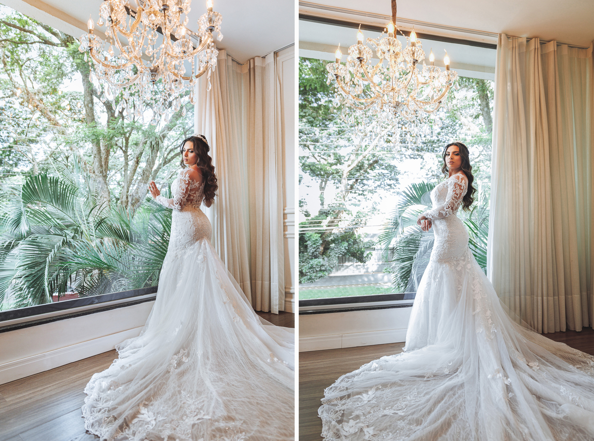ensaio fotografico de noiva com vestido branco em janela