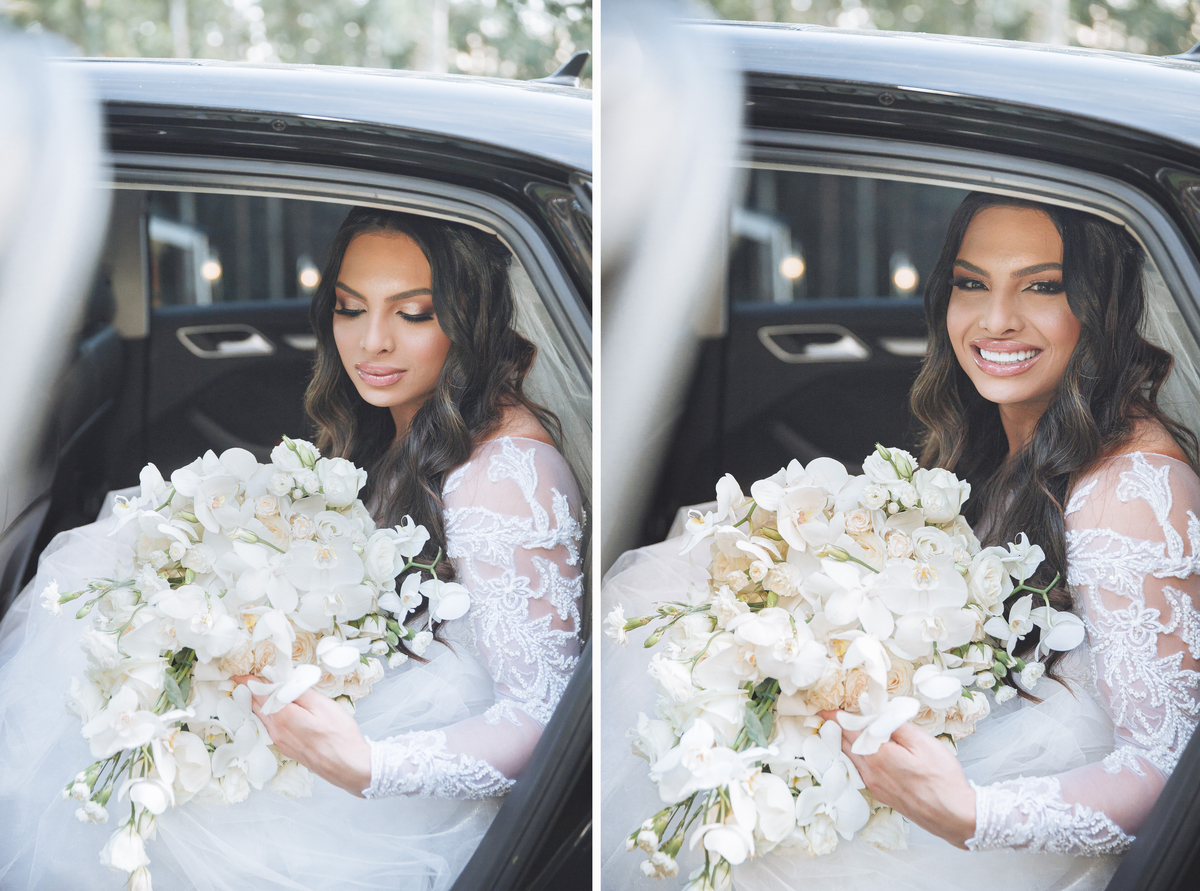 fotos de noiva com buquê de rosas brancas 