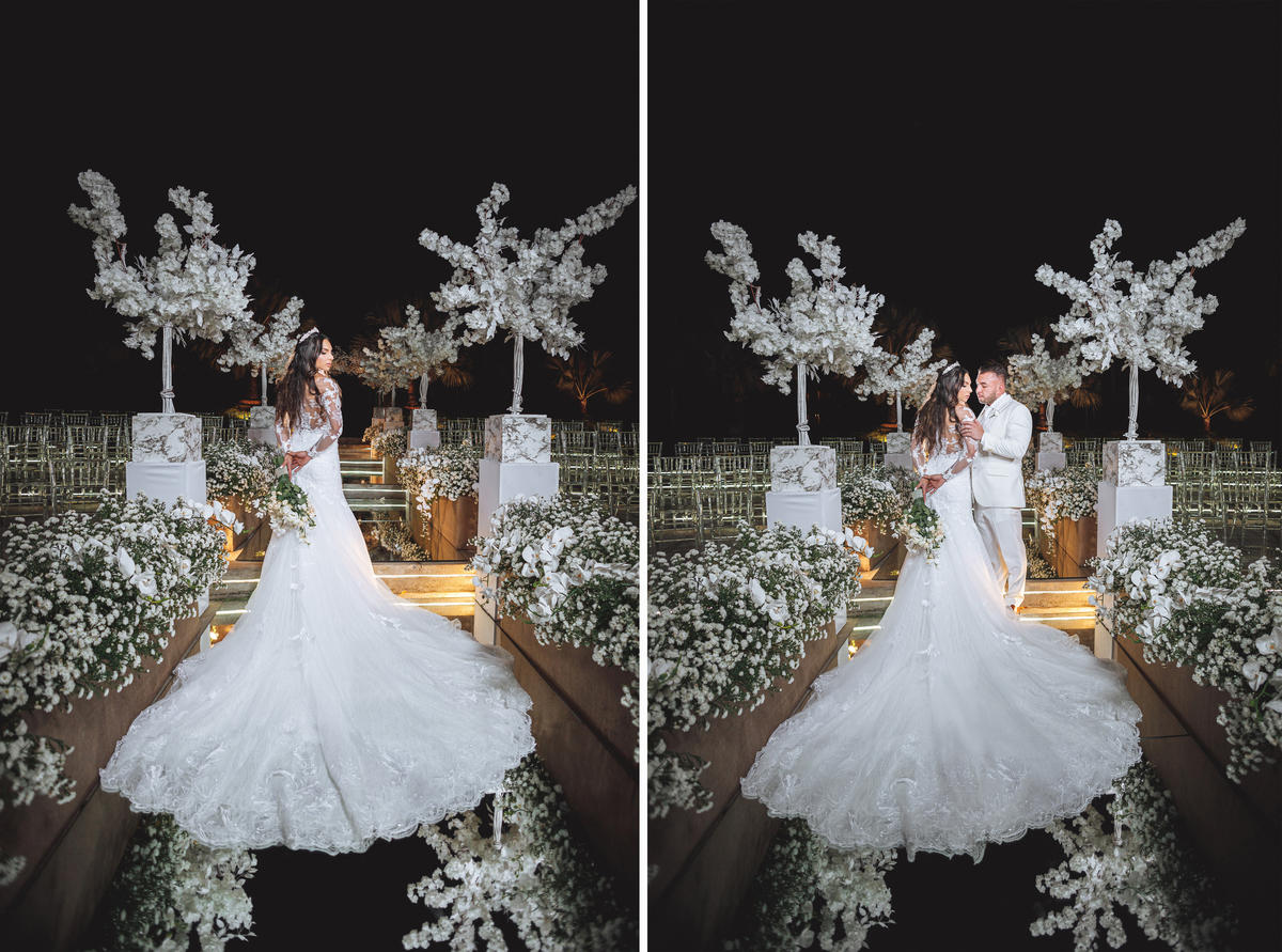 fotos de noiva com vestido princesa branco em decoração branca a noite