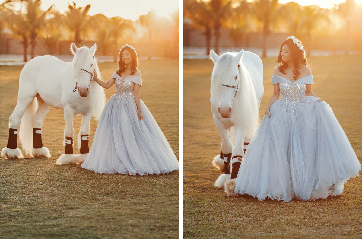 Ensaio de 15 anos com cavalos no por do sol