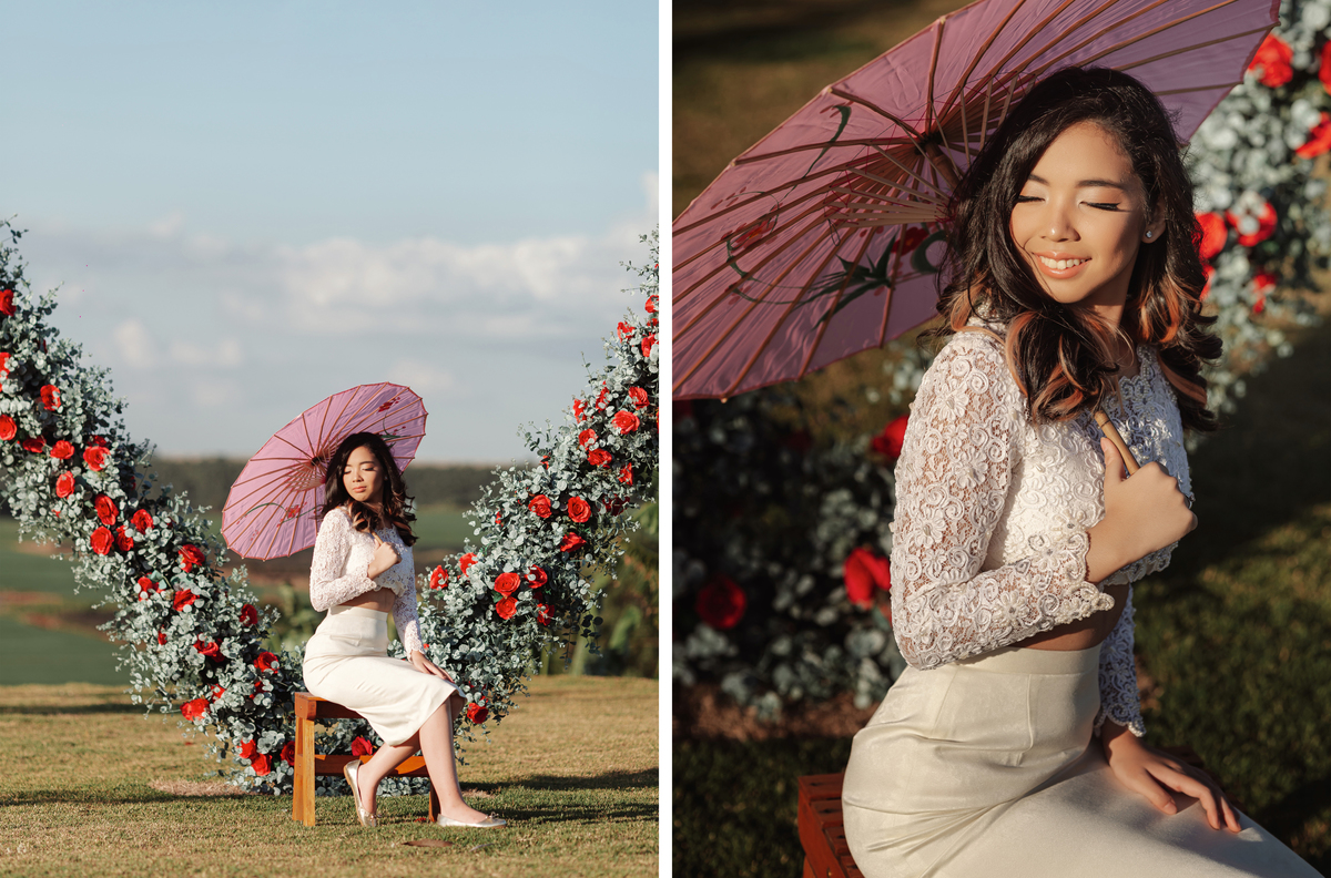 Fotos de debutante com flores ao ar livre 