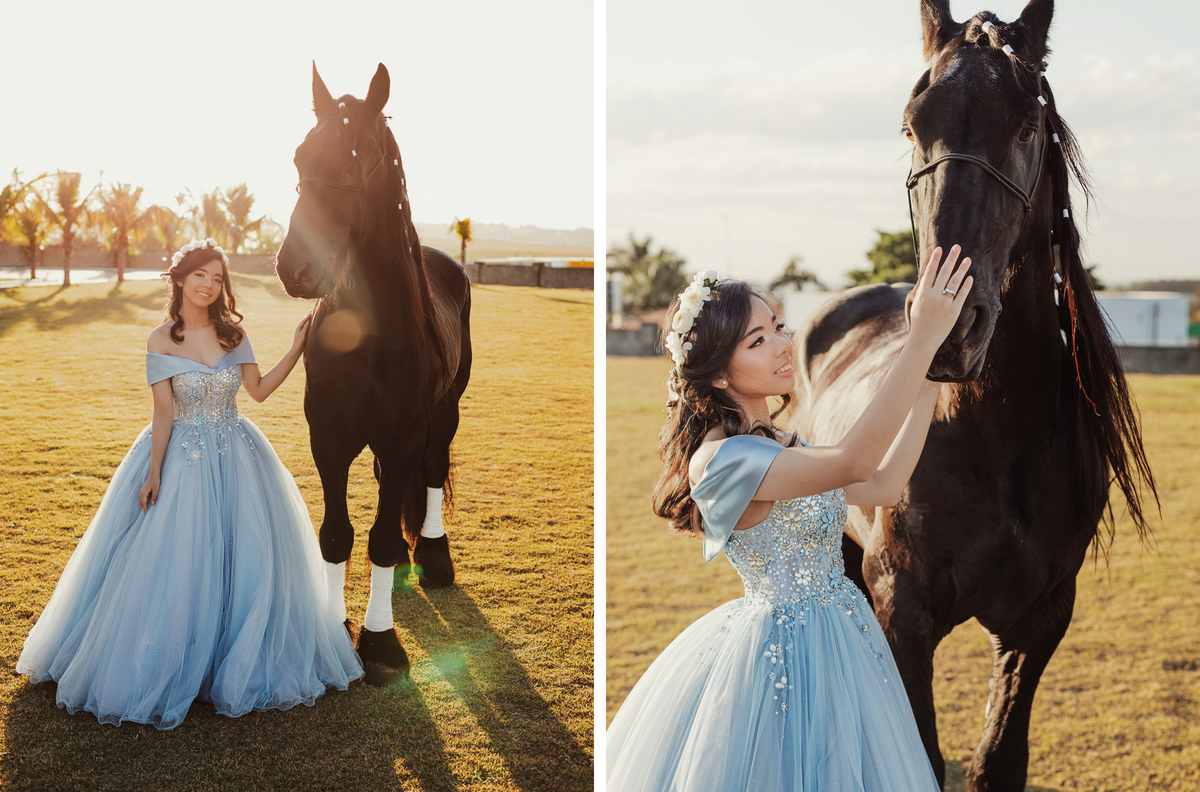 Ensaio fotográfico de 15 anos com vestido e cavalos