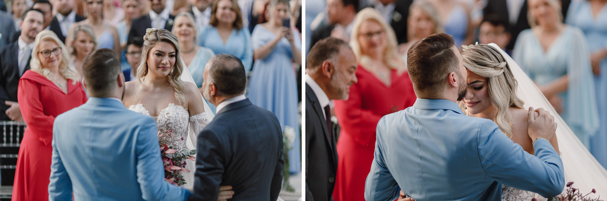 entrega da noiva no altar noiva abraçando o pai fotografo de casamentos maringá noiva se encontrando como noivo no altar