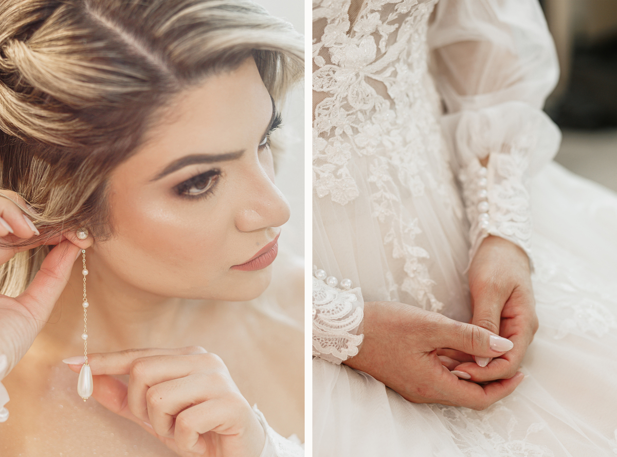 noiva no making of colocando brinco detalhes da noiva fotografo de noivas em maringá