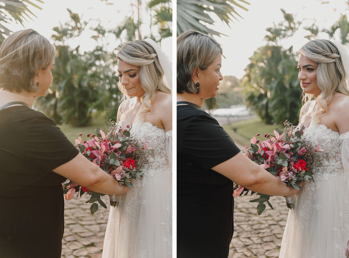 noiva emocionada antes de entrar no casamento noiva com buquê rosa fotos emocionantes de casamento