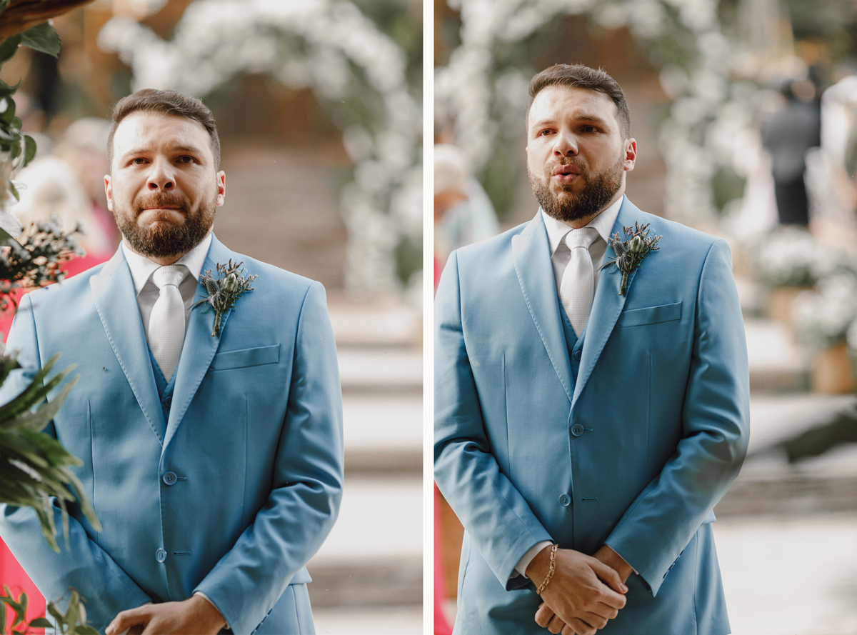 noivo aguardando a entrada da noiva segurando o choro fotos emocionantes de casamento
