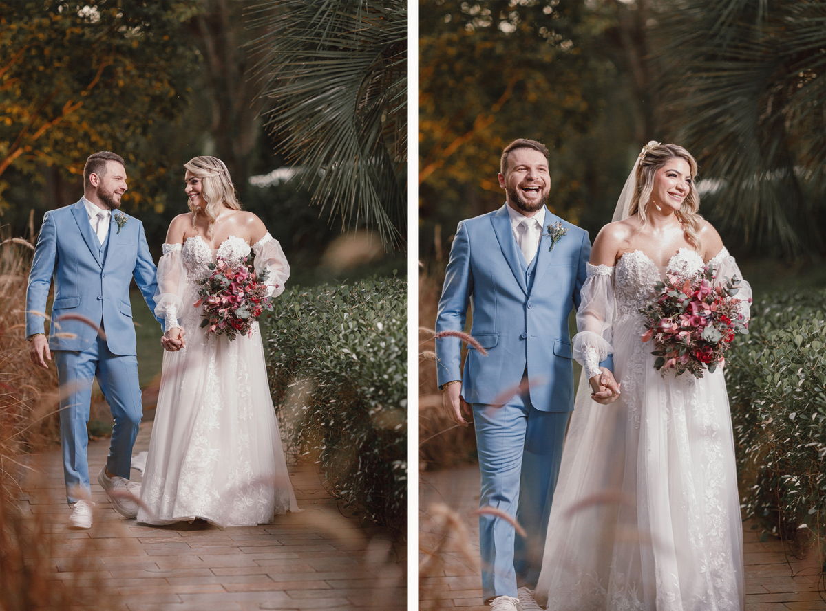 retratos dos noivos  noiva de branco noivo de terno azul claro buquê rosa ao ar livre