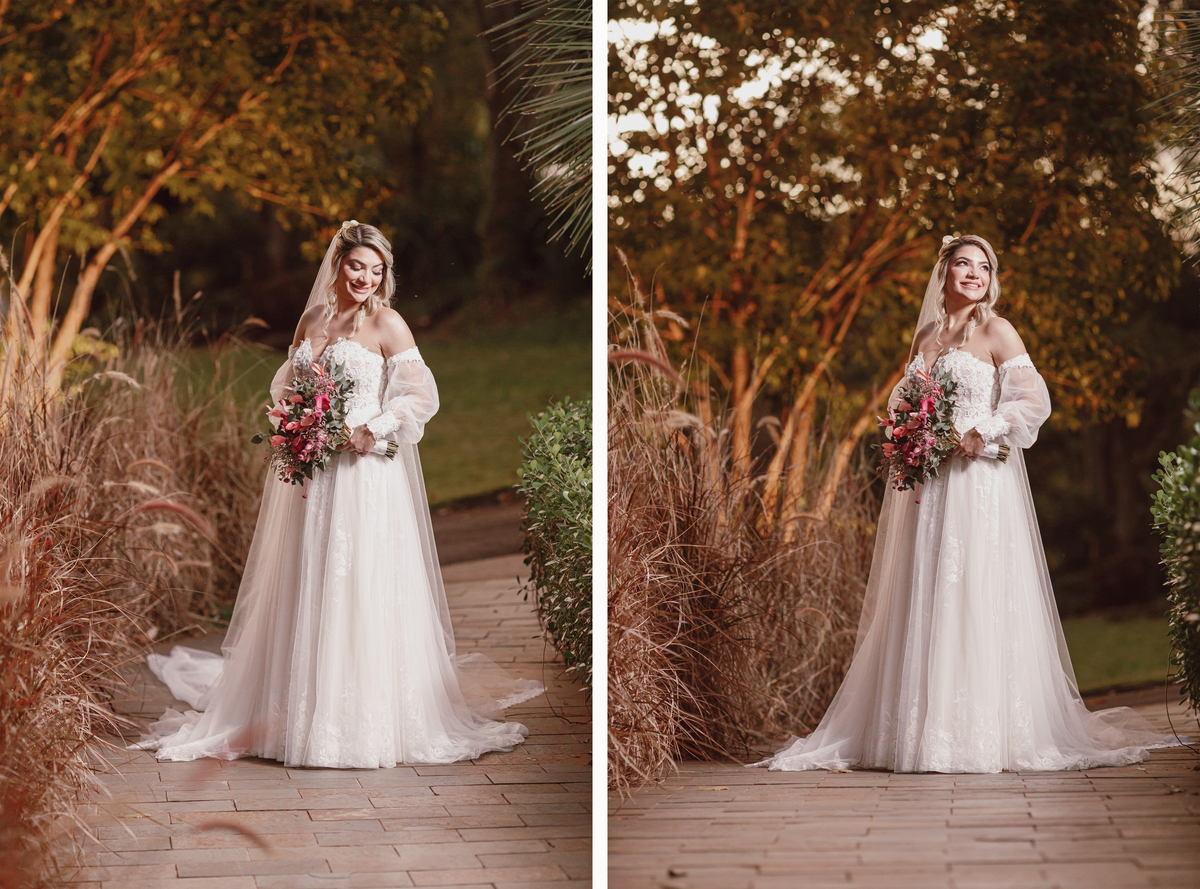 retrato de noiva ao ar livre noiva de vestido branco romântico com buquê rosa fim de tarde