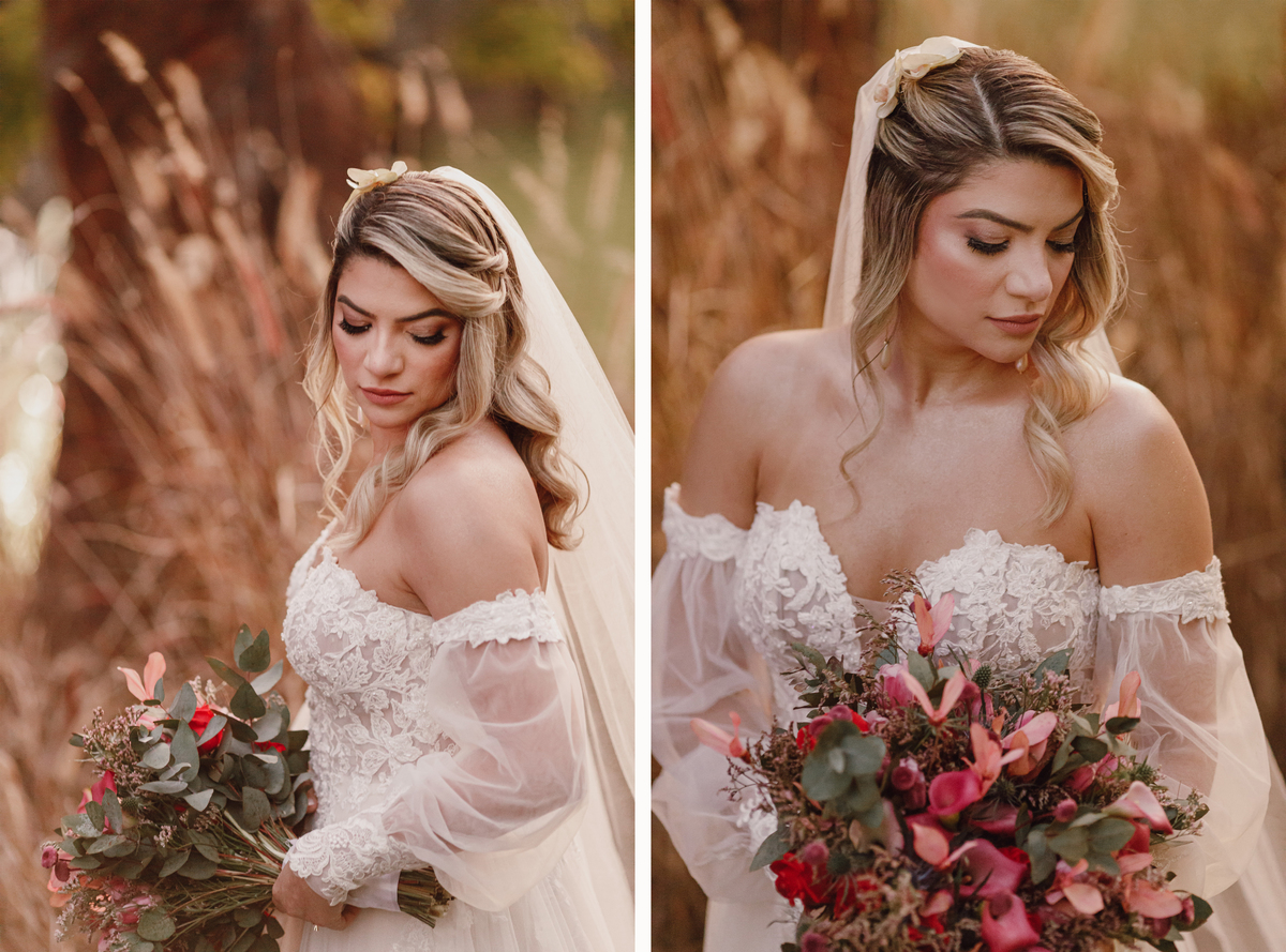 retrato de noiva ao ar livre noiva de vestido branco romântico com buquê rosa fim de tarde
