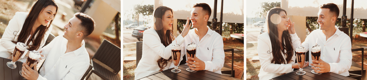 Ensaio de pré wedding minimalista com sorvete casal tomando sorvete ao ar livre ensaio externo com luz natural por do sol ensaio de casal inspiração eurogarden maringá 