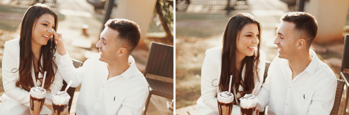 Sequências de fotos para fazer em casal pré wedding tomando sorvete EuroGarden Maringá ensaio externo fotos ao ar livre ensaio minimalista 