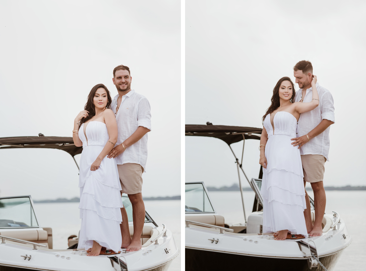 Ensaio de casal em Porto Rico Paraná inspiração para pré wedding externo fotos no barco inspiração pre casamento praiano