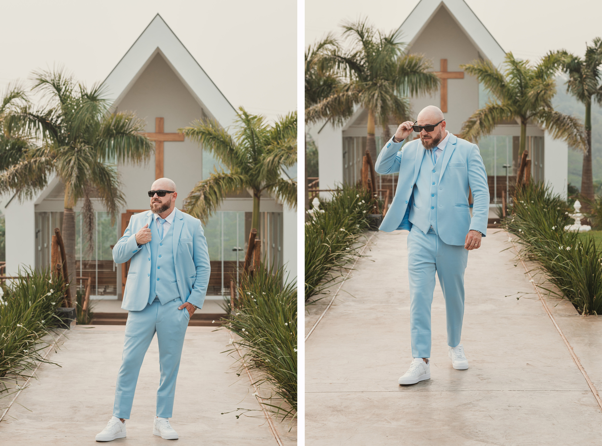 Making of de noivo estiloso terno azul claro e óculos escuros inspiração de fotos para making of de noivo chácara Lalinda Maringá e região capela