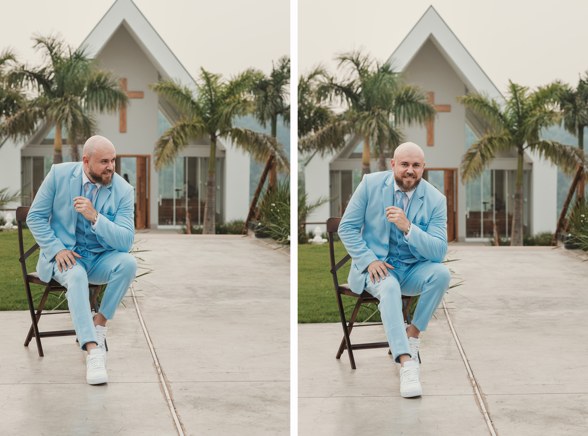 chácara Lalinda Maringá e região inspiração de making of de noivo de terno azul claro azul bebê tênis branco capela