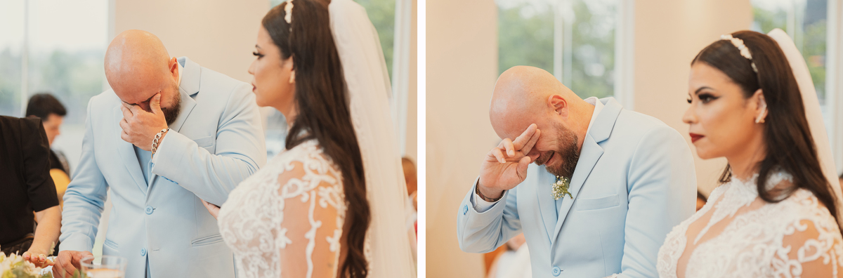 fotógrafo de casamentos em maringá noivo chorando durante cerimônia capela da chácara Lalinda Maringá e região