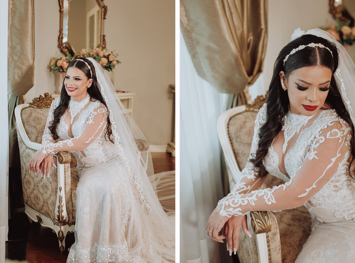 Noiva pronta no making of com vestido branco bordado e véu longo maquiagem marcante com delineado e batom vermelho