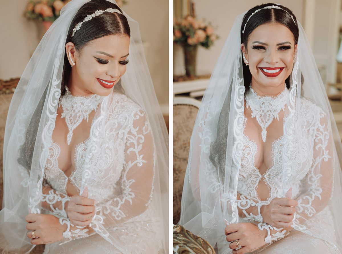 Inspiração de vestido de noiva com decote bordado manga longa e véu longo maquiagem marcante com delineado preto e batom vermelho