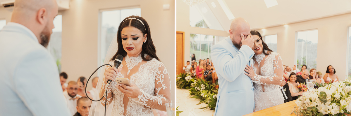momentos emocionantes durante cerimônia e casamento troca de fotos noivos chorando capela da chácara Lalinda Maringá e região