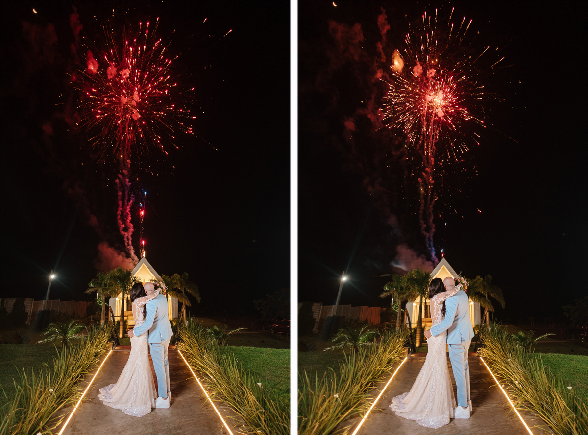Surpresa para noivos após cerimônia na capela da chácara Lalinda Maringá à noite fogos de artificio