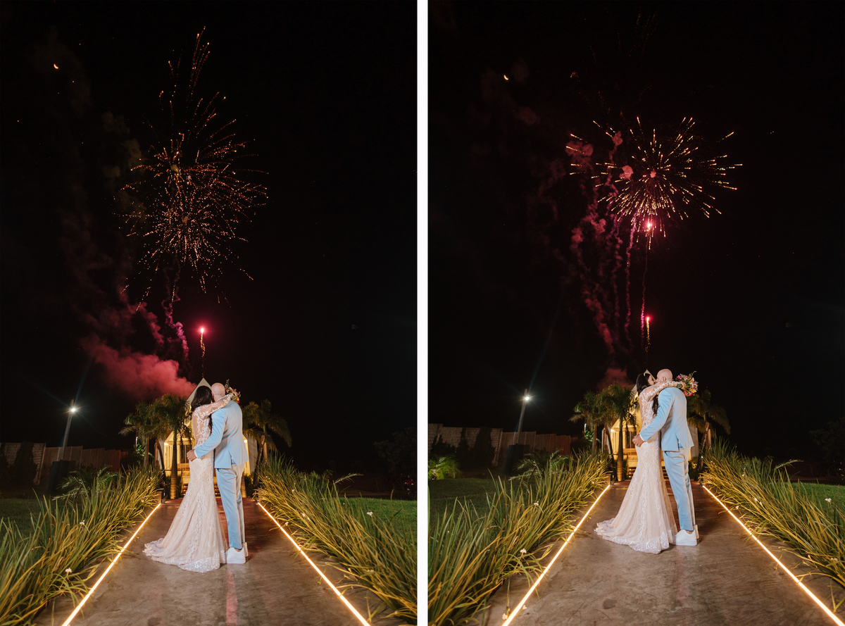 Surpresa para noivos após cerimônia na capela da chácara Lalinda Maringá à noite fogos de artificio melhor fotógrafo de casamento
