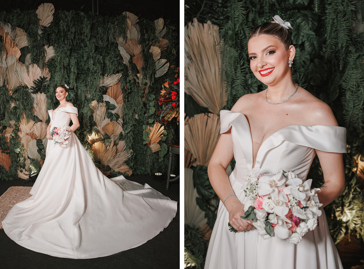 noiva de vestido branco sem renda de manga caída com decote v  e penteado preso foto em decoração boho verde com folhas buquê de orquídeas brancas