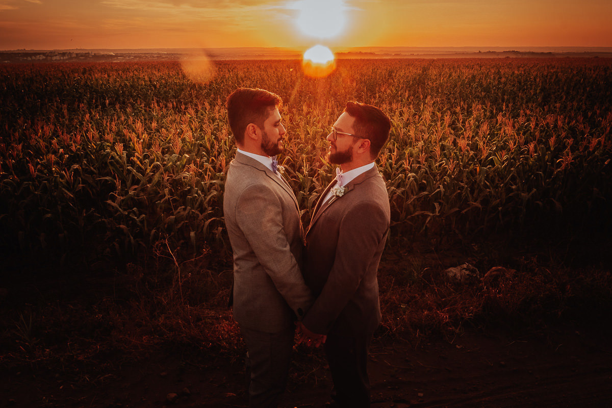 ensaio de noivos gays feitos durante o casamento em plantação de soja em Maringá comm por do sol 