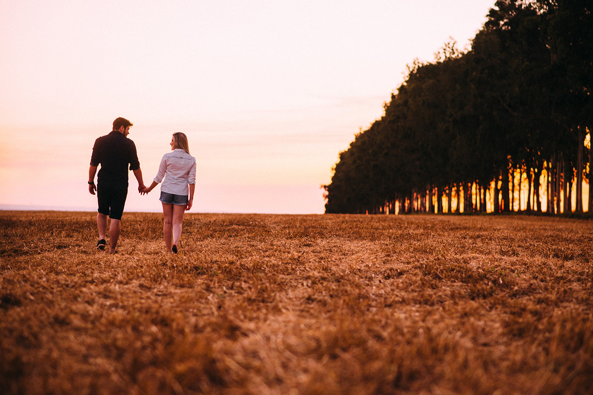 noivos caminhando em uma plantação de trigo no por do sol