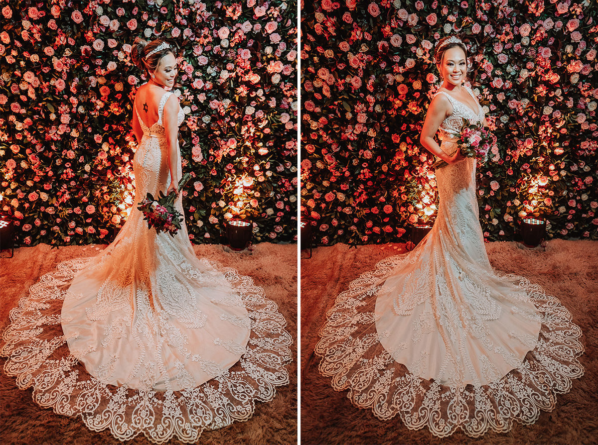 linda noiva com estilo boho vestido rendado loja eliane noivas com painel de rosas lindo para festa de casamento fotografo incrivel para casamentos em /maringa /rickardo andrade