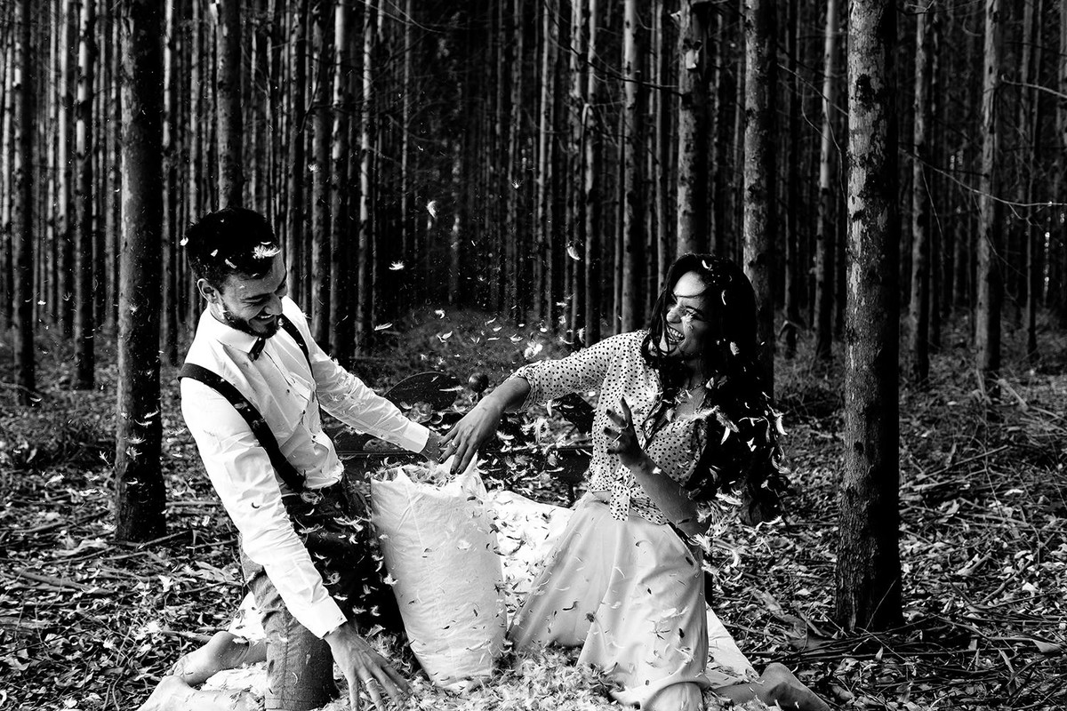 guerrinha  durante ensaio de casal  na plantacao de eucalipto